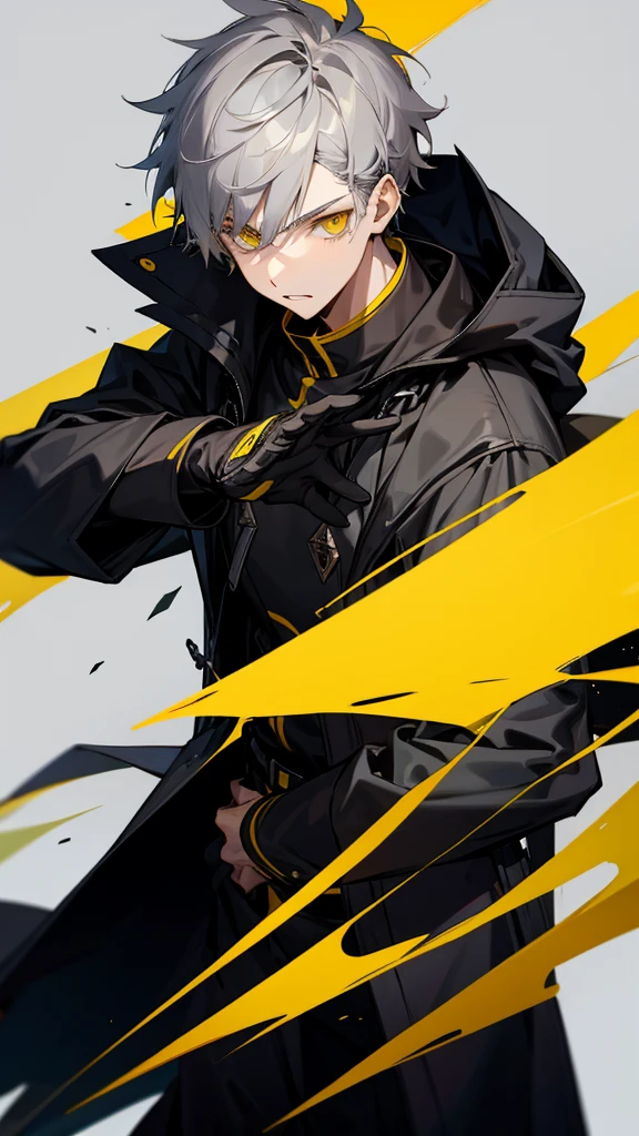 Teenage male character with gray hair and yellow eyes and black coat