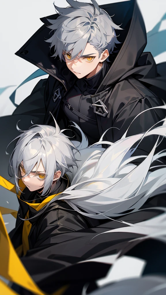 age male character with gray hair and yellow eyes and black coat