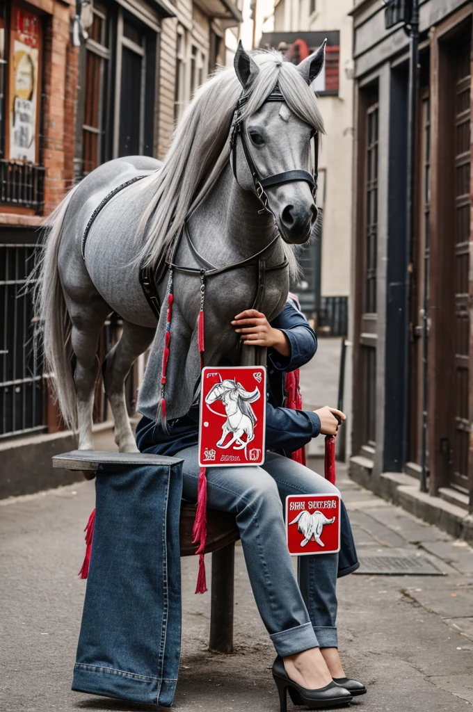 A grey hobbyhorse on a stick
with a scarlet mane, a girl in jeans is sitting on it, a sticker