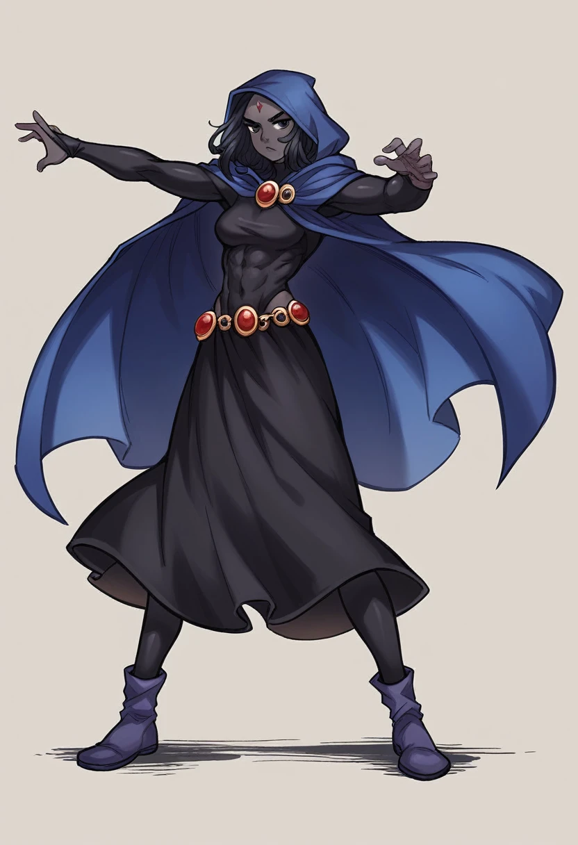 1 adult girl, Raven, black skin black leotard, black cloack, hooded cloak, long greek skirt, booties, long hair, wavy black hair, forehead jeauel, purples eyes, medieval belt, firm skin, standing, toned, breastsout, battle pose, (posando)), Lines of movement, portraite, b&au. Contour, whole body