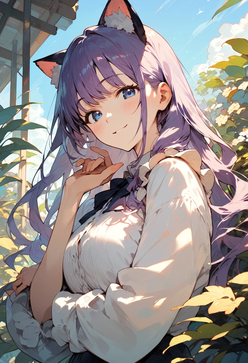 1girl, Blue eyes, Long Hair, Bangs, Purple Hair, Breasts, Smile, Blush, Light Smile, cat ears