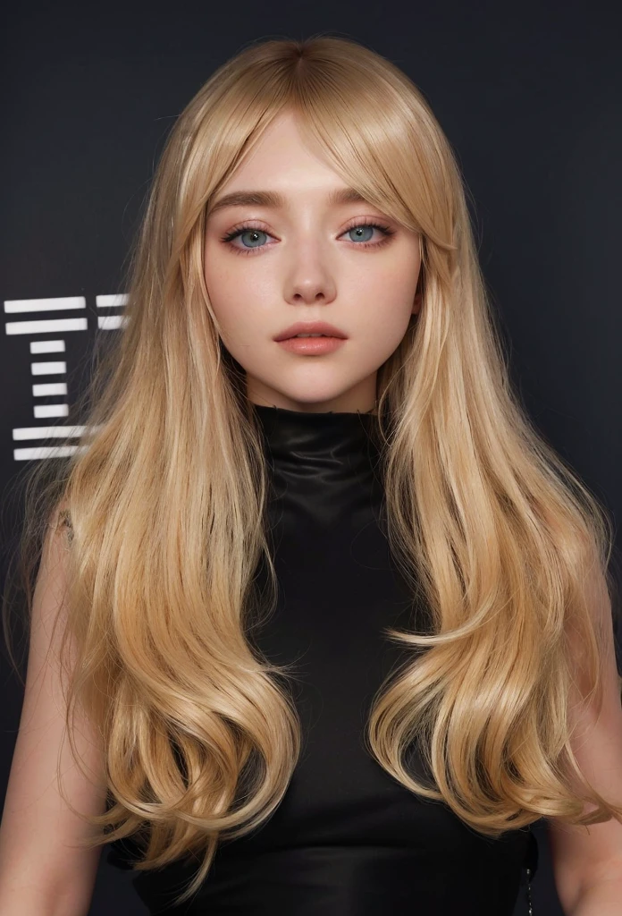 a woman with long blonde hair and a black dress, portrait of kim petras, Imogen Poots, long blonde hair and big eyes, inspired by Károly Lotz, center-parted bangs, imogen poots d&Paladin D, Imogen Poots as holy paladin, She has blonde hair, Saoirse Ronan