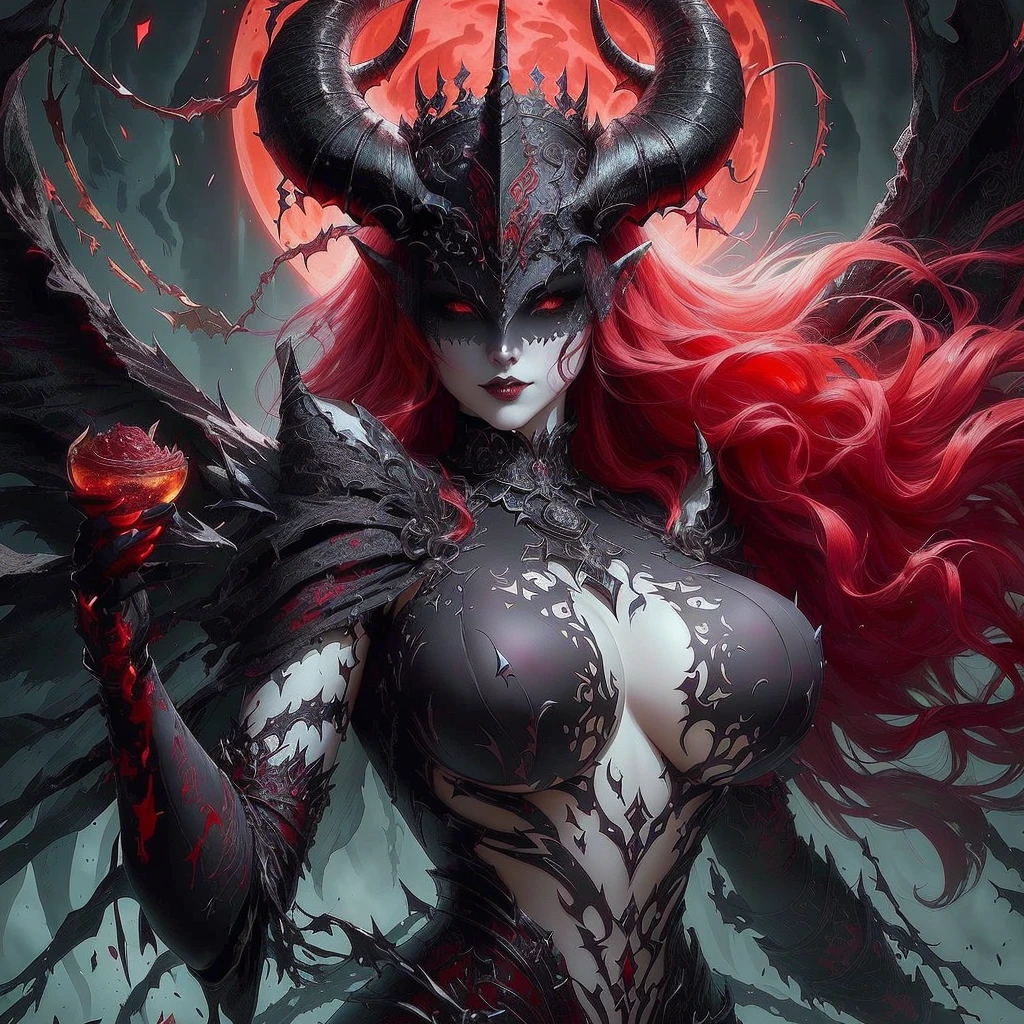 a close up of a woman with horns and red hair, beautiful elegant demon queen, white horns queen demon, succubus | medieval, dark fantasy style art, demon woman, beautiful succubus, goddess of the underworld, queen of the underworld, dark fantasy art, gothic fantasy art, succubus, diablo 4 lilith, demoness, dark fantasy artwork, large breasts