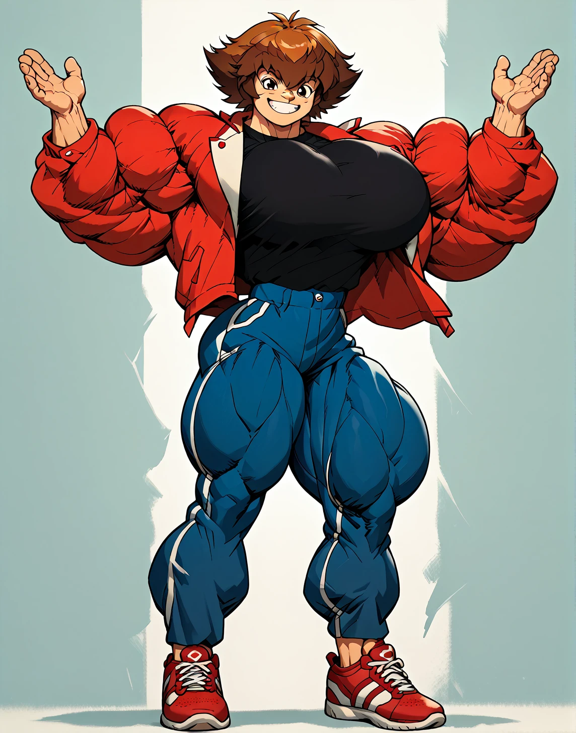 alone, Whole body,smiling , muscular, hypermuscle, huge muscle, big muscles, pectoral muscle , 1 chico  , big pecs , muscular thighs, muscular glutes  , young , cheered up , yu give oh! , jaden yuki  , black shirt, Red jacket, blue pants, Red shoes, Brown hair , pokkuti , hyper
muscular