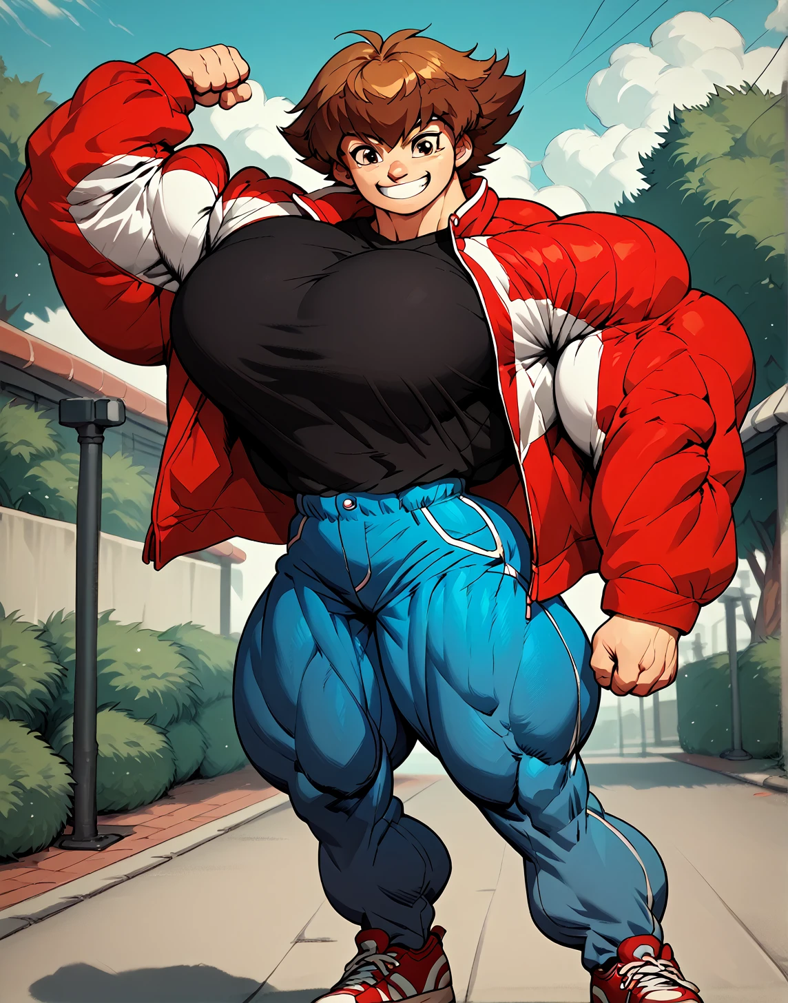 alone, Whole body,smiling , muscular, hypermuscle, huge muscle, big muscles, pectoral muscle , 1 chico  , big pecs , muscular thighs, muscular glutes  , young , cheered up , yu give oh! , jaden yuki  , black shirt, Red jacket, blue pants, Red shoes, Brown hair , pokkuti , hyper
muscular