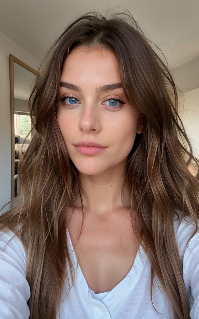 Selfie shot Belle brune aux reflets blonds prend une photo de selfie, haut du corps, in the coffee ,cool, real life nature, very detailed, 22 ans, Visage innocent, natural wavy hair, blue eye, high resolution, head of'artwork, best quality, complex and high level of detail, very detailed, sharpness, detailed skin, realistic skin texture, texture, detailed eyes, Professionnel, 4K, charming smile, prise avec Canon, 85mm, Slight depth of field, Kodak Vision Color, corps parfaitement ajusté , extremely detailed, Photo_\(ultra\), fotorealistic, realistic, post-traitement, maximum details, roughness, real life, shot with Kodak Gold 400, caractéristiques realistics et détaillées