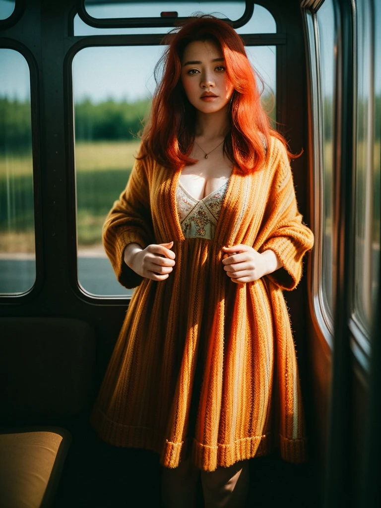 full body shot, Best quality, a 20y chubby mongolian women, wearing (bohemian woolen dress:1.3), big breast, (redhead:1.3) hair blowing in the wind, moody atmosphere, sunlight exposure, beautiful shadow, intricate posing on the bus stop , kodacrhome, cinematic, natural, perfect direct of photography, realistic face and eyes, realistic skin, ultra highly detailed, sharp focus, beautiful film bokeh, surreal view, candid style, shot by zenit camera with 35mm lens, Portrait by annie leibovitz