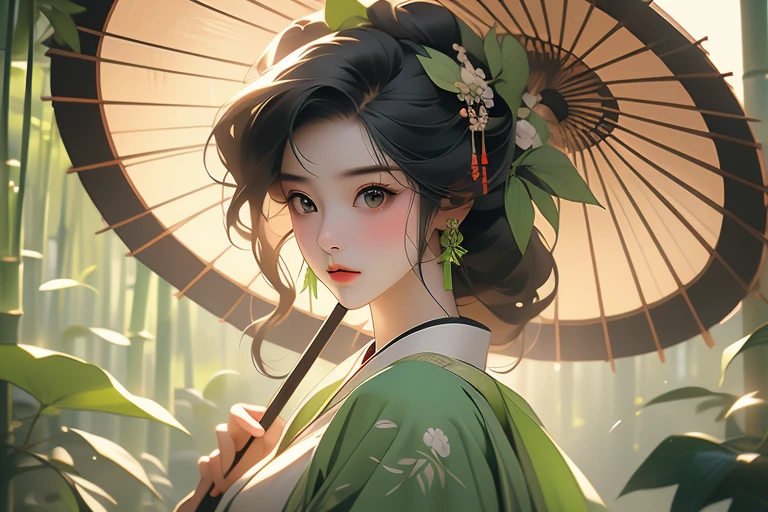 (Highest quality,8k,High resolution,masterpiece:1.2),((masterpiece,Highest quality)), 非常に詳細なHigh resolution, araffe woman In kimono holding a green umbrella and a green plant, A painting inspired by the bamboo leaves of Otake, Shutterstock, Ukiyo-e, In kimono, Japanese women, wear Kimono, ((Background without umbrella)),(Highly detailed skin and facial textures:1.3), (Ultra detailed face),(Detailed arms),(Beautiful attention to detail),(Beautiful lip detail),Traditional Japanese, Young Japanese girl, wear Kimono, elegant Japanese women, Photographic portrait of a geisha, 皇室のwear Kimono, Japanese Kimono