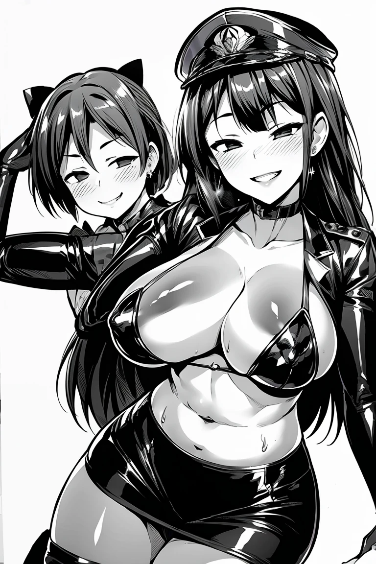 Two Girls, Couple, bangs, salute, Hands on hips, Gold earrings, Large Breasts, jewelry, military cap, (uniform), (epaulet), Jacket, Harness, Thigh straps, Black thigh-high boots, (Pencil Skirt), mini skirt, corruption, (Dark skinned women, Dark Skin:1.3), Hollow Eyes, Half-closed eyes, Wicked Smile, No students, Grin, ((Mature Woman)), Mature Woman, Married women, (Dark Theme:1.2), Dark person, Huge Saggy Tits, Skin Dentition, Chubby, Sensual, Thick thighs, Wide Hips, from the front, (chromatic aberration, Intricate details), Dynamic Angle、Grin、With a creepy smile, A smile with downturned corners,Open your chest wide
