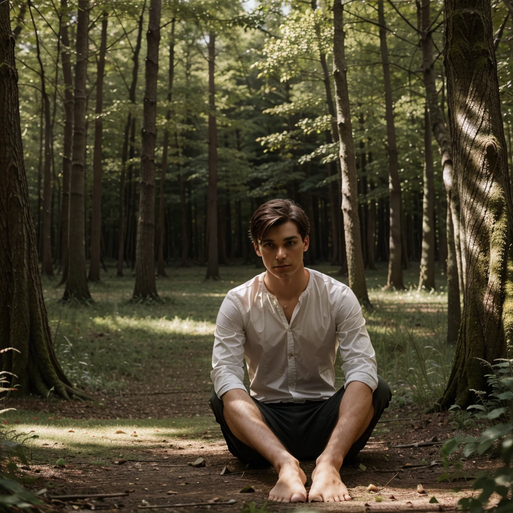Sitting in beautiful forest lonely boy waiting his lover