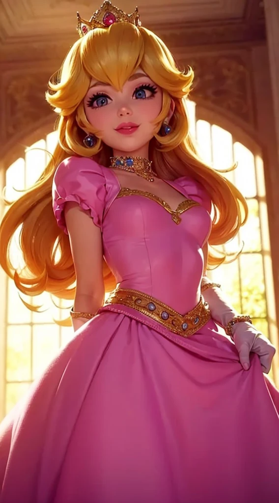 (Inside a castle setting,) A  Princess Peach wearing a beautiful hot pink dress getting lifted up by the super hard wind, pink polka dotted panties, she is gentleand compassionate and is shown smiling gently, she wears a golden crown atop her blond hair and white gloves. She is a tall, extremely beautiful young princess with a fair skin complexion, light blue eyes, dark yellow eyebrows, and a small nose. She has six long eyelashes on each eye as well as dark eyeliner. Her lips are round with pink lipstick. With a focus on her alluring chest, she is depicted in a close-up shot from below. She is smiling in a full body shot