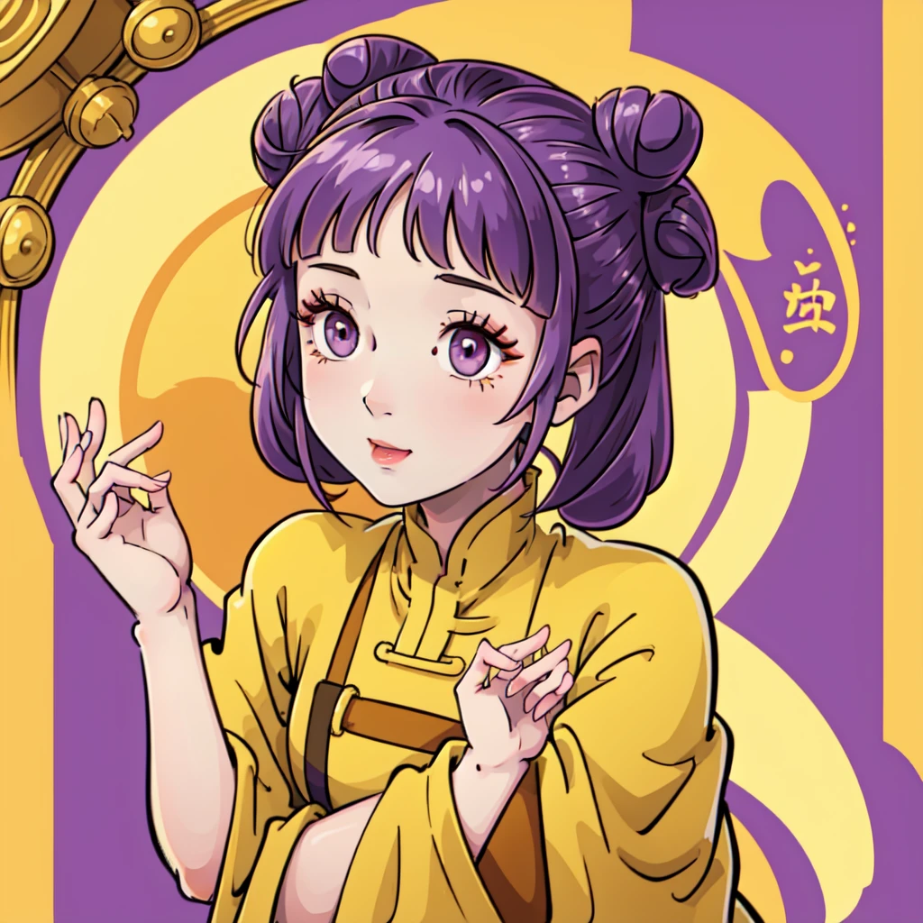 ((Best Quality, ancient china, 1 girl) brown fur ((bun hairstyle)) , purple eyes, yellow tunic ((completely yellow))