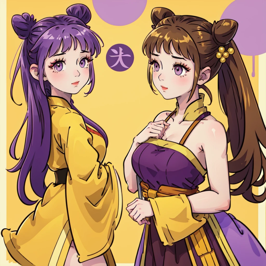 ((Best Quality, ancient china, 1 girl) brown fur ((bun hairstyle)) , purple eyes, yellow tunic ((completely yellow))