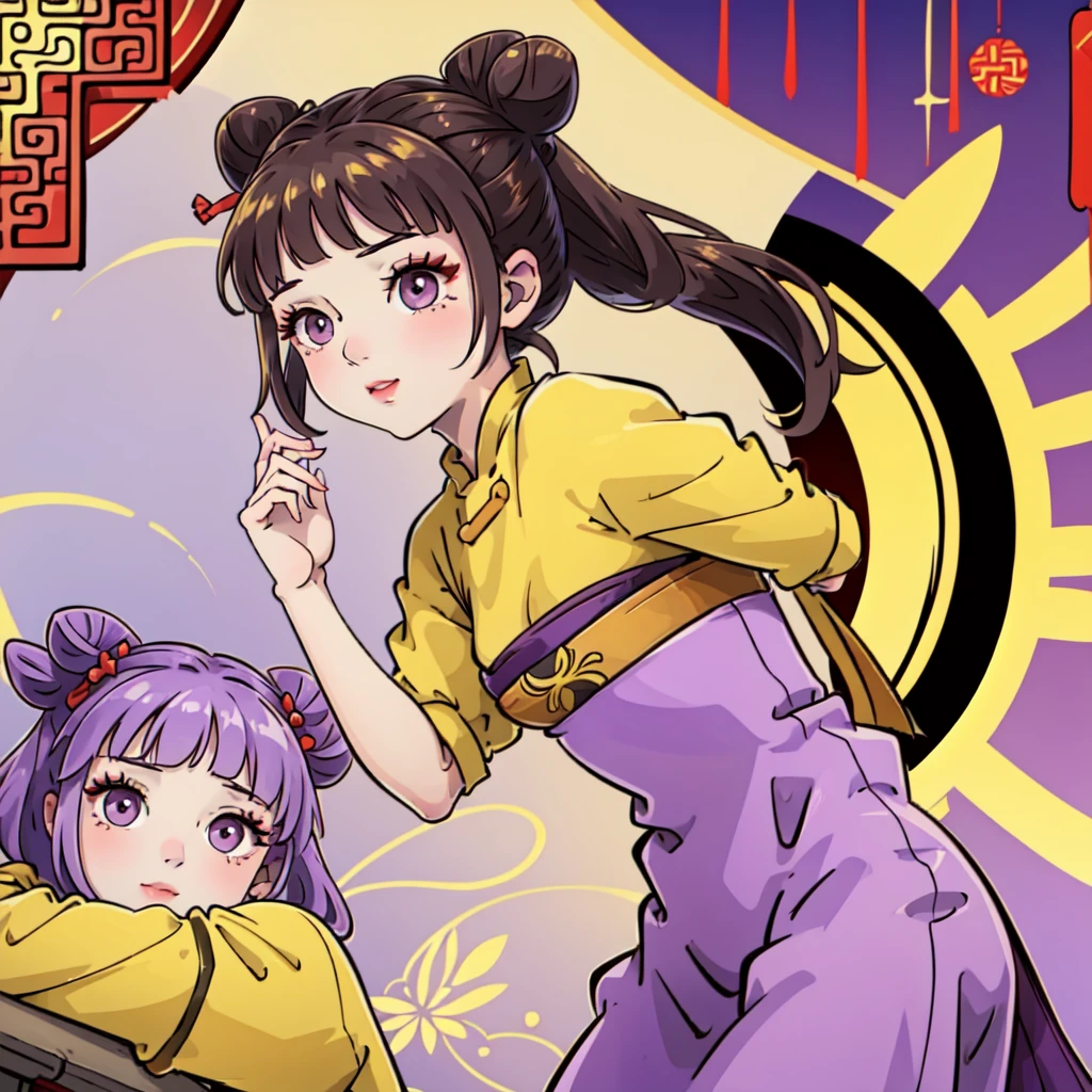 ((Best Quality, ancient china, 1 girl) brown fur ((bun hairstyle)) , purple eyes, yellow tunic ((completely yellow))