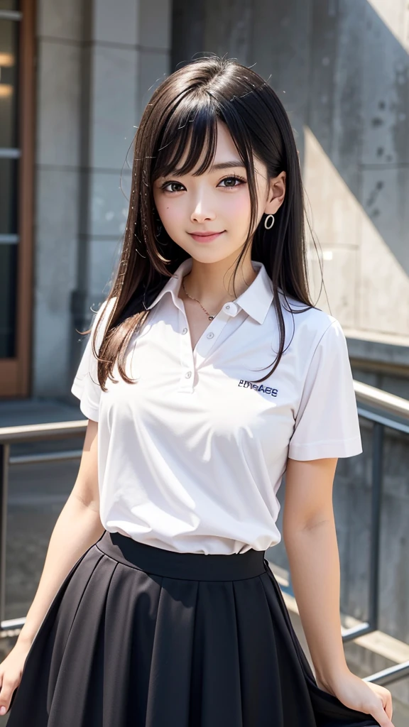 ((best quality)), ((masterpiece)), (details), one girl, sexy ((best quality)), ((masterpiece)), (details), one girl, sexy ((best quality)), ((masterpiece)), (details), one girl, full body, sexy expensive body, expensive, long legs, mature woman, mature, adult, it_nagatoro_main, Hayase Nagatoro, one girl, blushing, alone, uniform polo shirt, short sleeves, black hair,brown eyes, hair accessory, looking at viewer, hair clip, smiling, long hair, dark skinned woman, dark skin, , bangs, daytime, skirt, collared shirt, collarbone, ear clip, mouth closed, tree, asymmetrical bangs, upper body