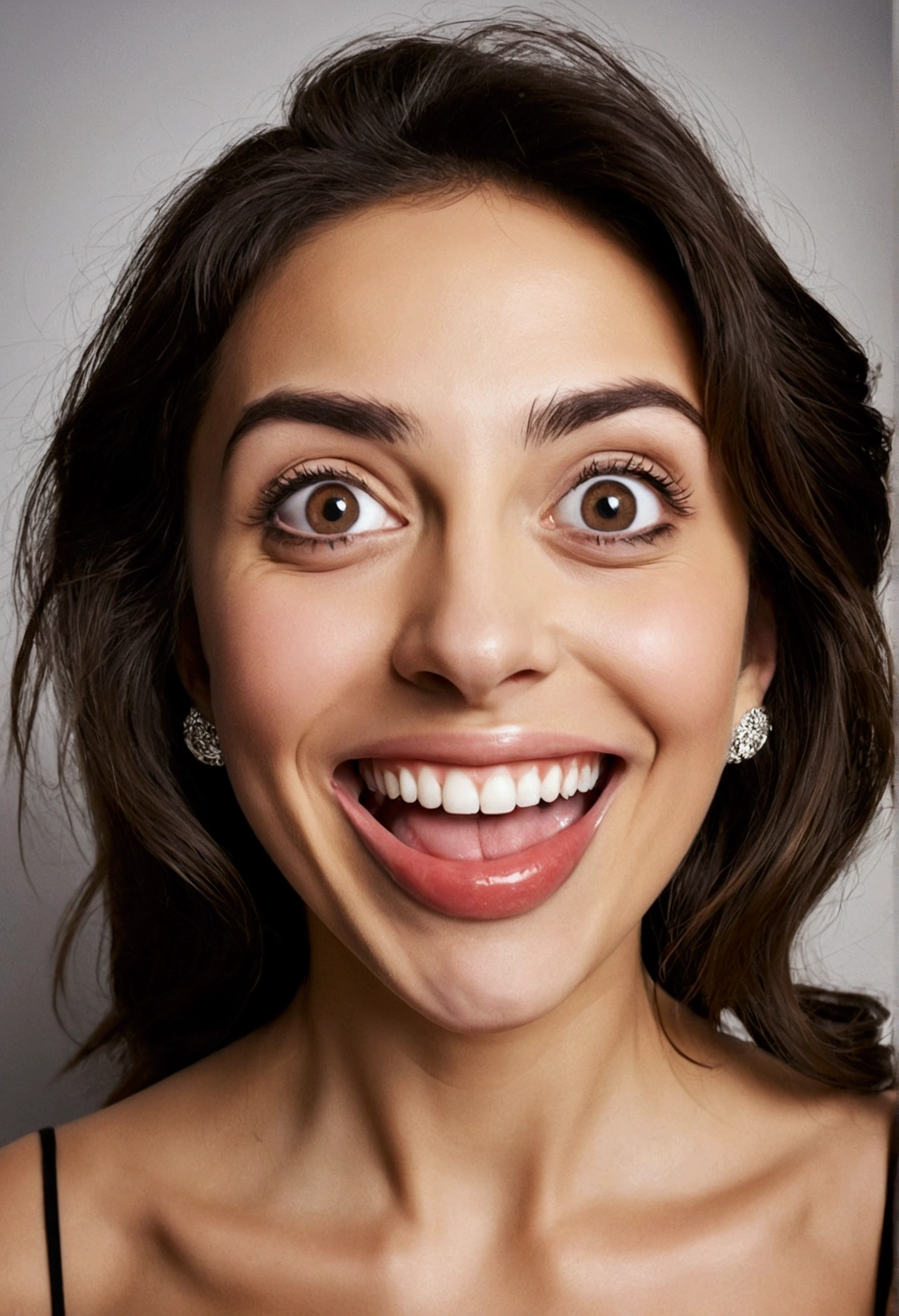 Woman 1.58 meters, big eyes wide open, Lost look, exaggerated smile, fake smile, teeth visible, crazy face, Great cleavage, by rubio, licking his lip