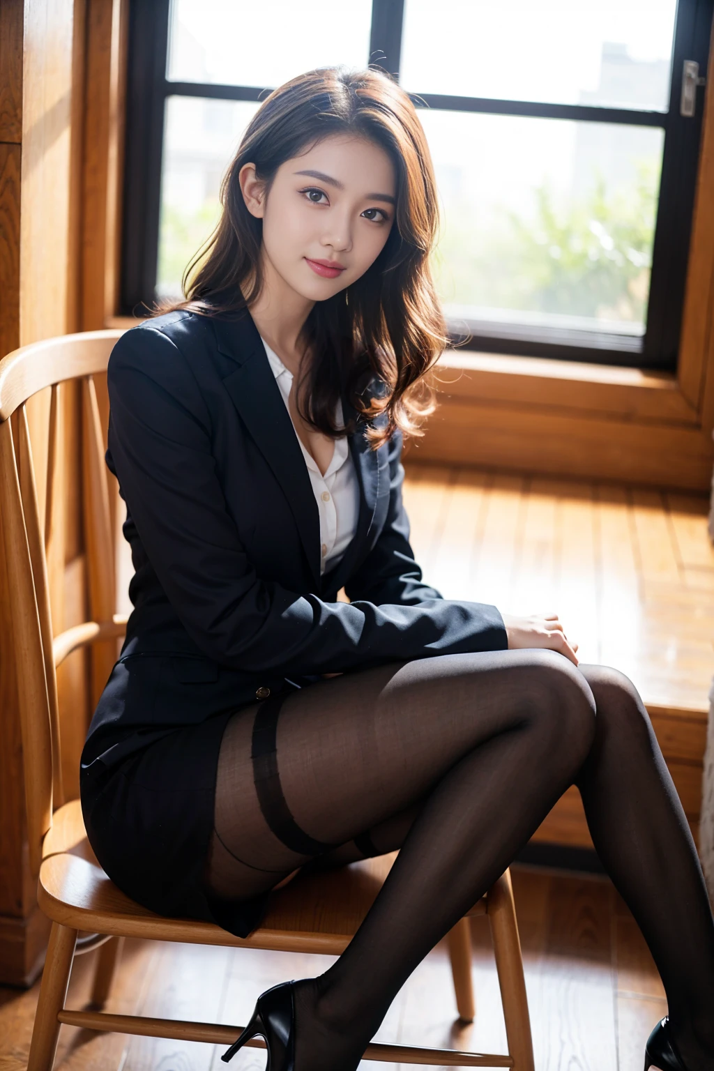Ulzzang-6500-v1.1, (RAW photos:1.2), (realistic), (really:1.4), 1girl、very pretty girl、21 years old、game_nffsw, eye for detail, shy smile、business fashion、business suit、thighs and skirt、sit on a chair、Working、(very realistic pantyhose:1.2), Curly hair、realistic skin texture、glowing skin、exposed thighs!!! , assembly、eye shadow、