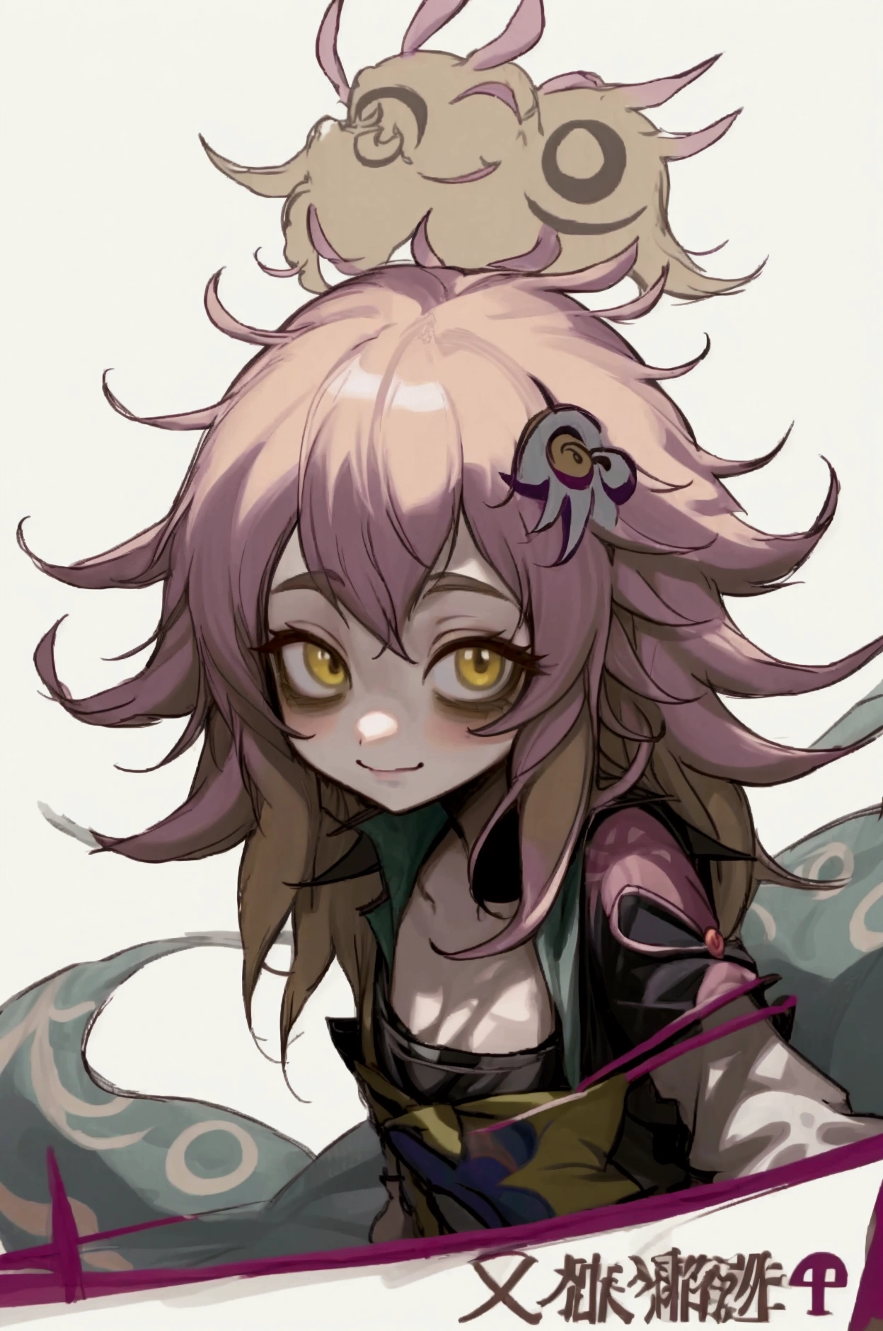 Neeko anime girl with blonde hair and yellow eyes looking at the camera., Stop four *, Junko Enoshima, Moe anime art style, in an anime style, [[[[smiling evilly]]]], anime monster girl, Marisa Kirisame, shikami, Stop four, anime style portrait, perfect anime face