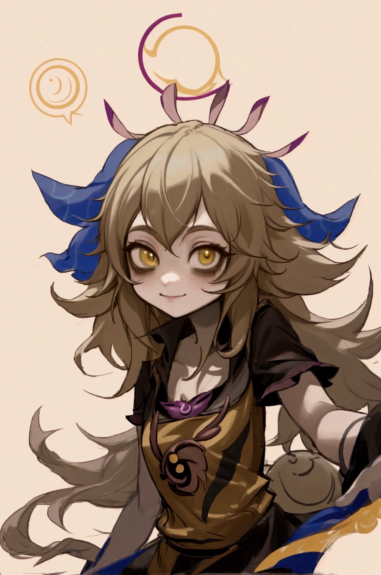 Neeko anime girl with blonde hair and yellow eyes looking at the camera., Stop four *, Junko Enoshima, Moe anime art style, in an anime style, [[[[smiling evilly]]]], anime monster girl, Marisa Kirisame, shikami, Stop four, anime style portrait, perfect anime face