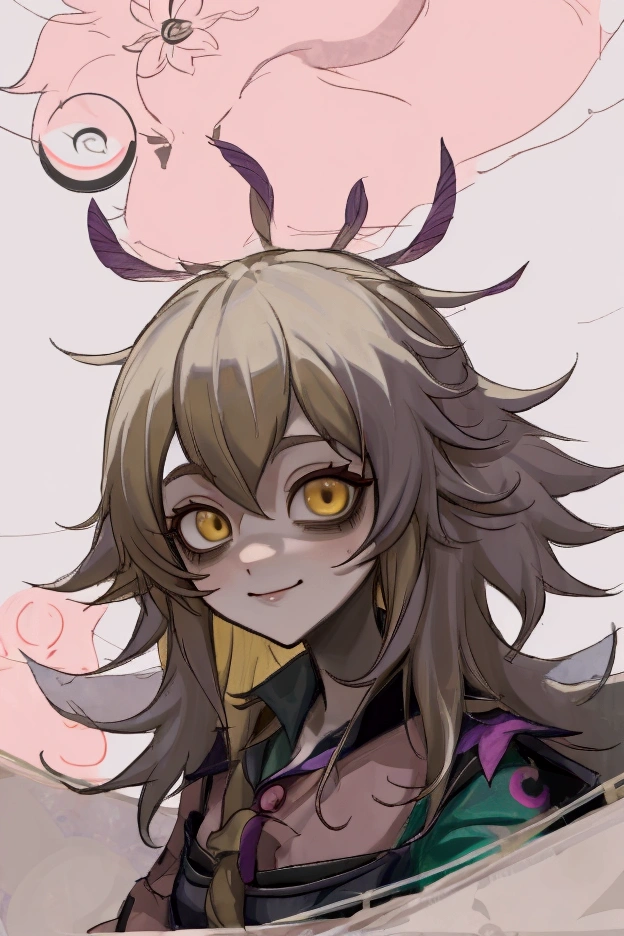Neeko anime girl with blonde hair and yellow eyes looking at the camera., Stop four *, Junko Enoshima, Moe anime art style, in an anime style, [[[[smiling evilly]]]], anime monster girl, Marisa Kirisame, shikami, Stop four, anime style portrait, perfect anime face