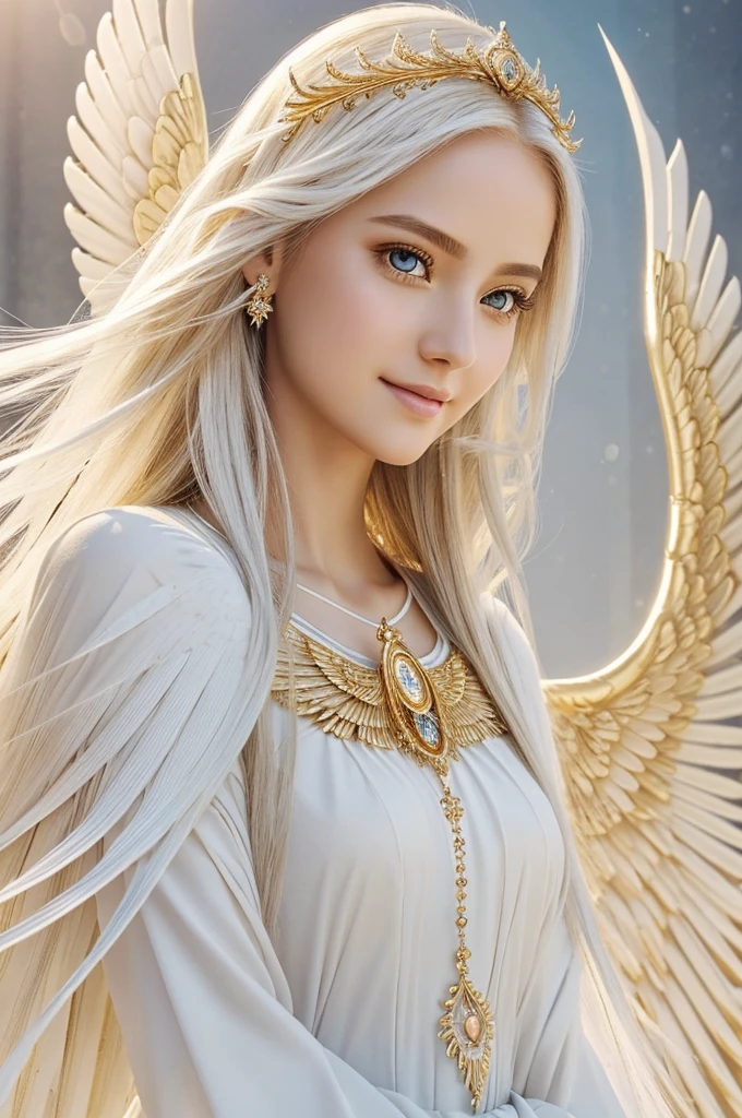 Angewomon,1girl,beautiful detailed eyes,beautiful detailed lips,extremely detailed eyes and face,longeyelashes,soft and glowing skin,serene expression, radiant smile, flowing golden hair, white feathered wings, shining halo,heavenly aura, ethereal beauty,gold and white attire,ornate and intricate design,celestial atmosphere,sacred background,divine light,angelic presence