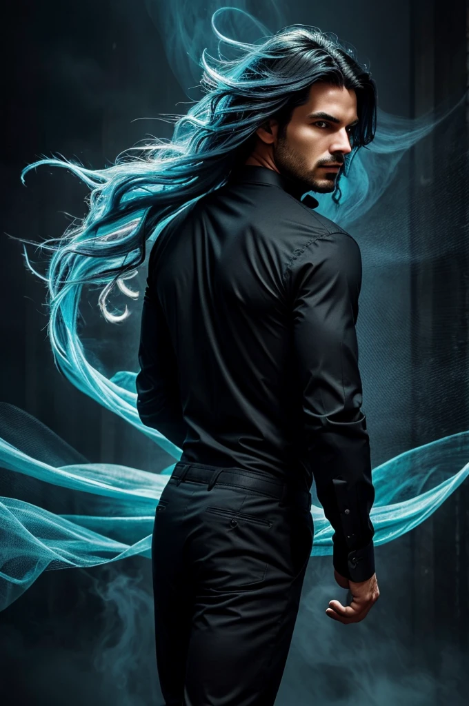 A 30-year-old enigmatic man with vibrant, long blue hair cascading down his back, accompanies by piercing gray eyes that seem to hold a stormy intensity, stands amidst a backdrop of blue blazing flames that dance and flicker with reckless abandon, while a serene veil of misty water cloaks the darkness behind him, as he wears a sleek black shirt with long, flowing sleeves and matching pants that billow like a dark cloud, evoking a cinematic atmosphere of mystery and contrasts, bathed in warm oranges, fiery reds, and cool blues, with hints of misty aqua and charcoal grays.