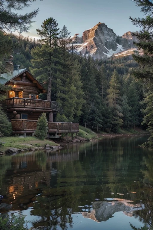 Create a cover image for the "Cabin Reverie" Facebook page.

Dimensions: 820 pixels wide by 312 pixels tall (optimized for Facebook cover image dimensions).

Description:

    A charming log cabin nestled in a lush forest or by a serene lake.
    Use warm and earthy tones such as browns, greens, and soft blues to create a calming atmosphere.
    Include scenic elements like towering pine trees, a glistening lake, or mountains in the distance.
    Add subtle details like smoke gently rising from a chimney, a rustic wooden deck with a rocking chair, or a path leading to the cabin.
    Include the text "Cabin Reverie" in a rustic, elegant font. Position the text so it complements the scene without overwhelming the visuals.
    Aim for a dreamy, peaceful vibe that invites viewers to imagine themselves in a perfect cabin getaway.