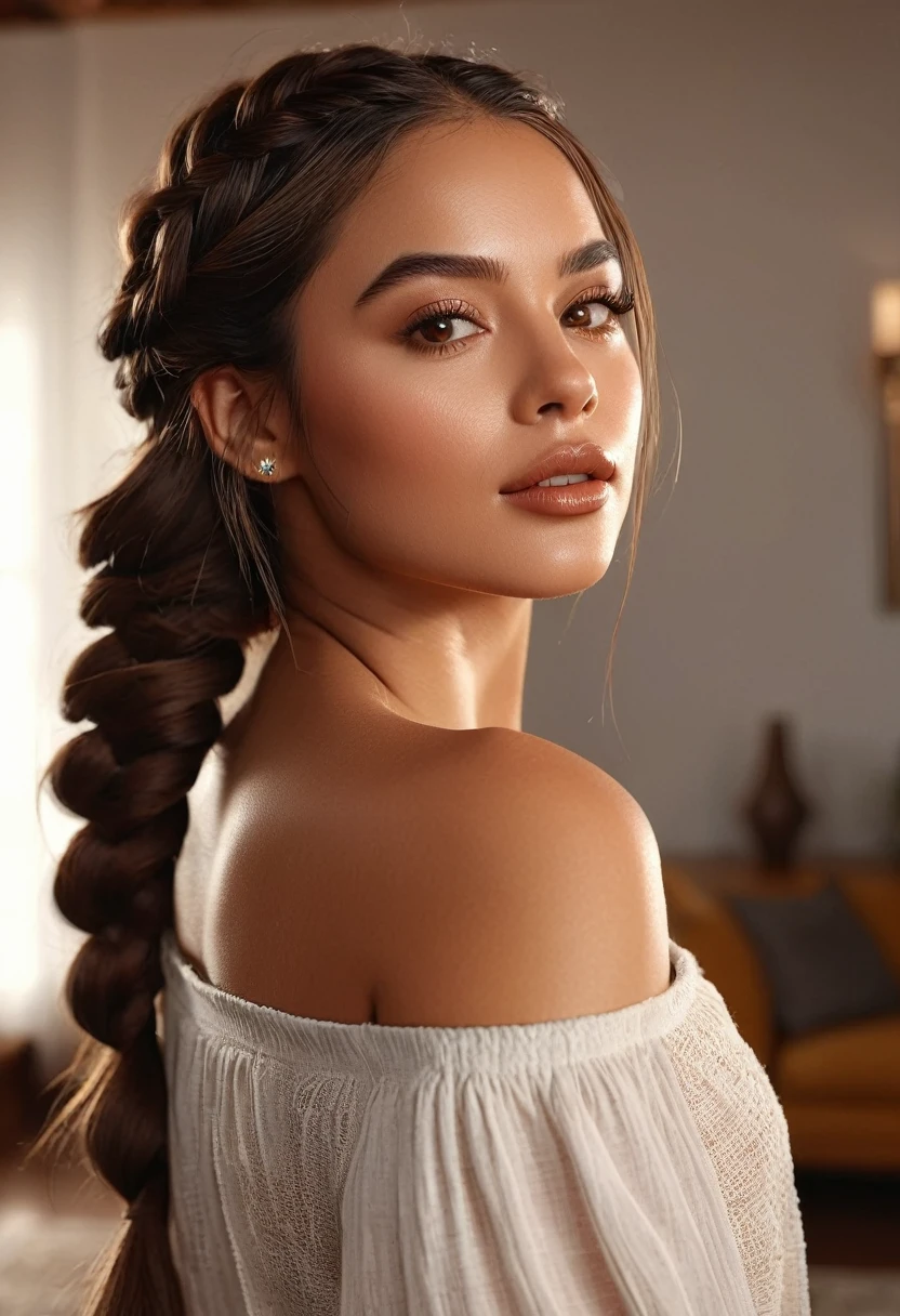 (best quality,4k,highres,masterpiece:1.2),ultra-detailed,(realistic:1.37),(beautiful:1.1) brown-eyed woman with long braid hair and a medium stature, wearing casual and sexy clothes, standing gracefully in a well-lit living room. The room is furnished with modern and elegant furniture, giving a luxurious atmosphere. The woman's beautiful face is detailed, with captivating eyes that shine with brown color. Her lips are full and luscious, adding to her sensual appeal. She exudes confidence and elegance as she poses, showcasing her entire body. The lighting in the room highlights her beautiful brown skin, giving it a warm and radiant glow. The overall scene has vivid colors and sharp focus, creating a realistic and photorealistic image.