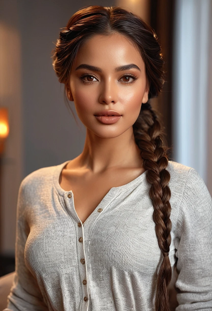 (best quality,4k,highres,masterpiece:1.2),ultra-detailed,(realistic:1.37),(beautiful:1.1) brown-eyed woman with long braid hair and a medium stature, wearing casual and sexy clothes, standing gracefully in a well-lit living room. The room is furnished with modern and elegant furniture, giving a luxurious atmosphere. The woman's beautiful face is detailed, with captivating eyes that shine with brown color. Her lips are full and luscious, adding to her sensual appeal. She exudes confidence and elegance as she poses, showcasing her entire body. The lighting in the room highlights her beautiful brown skin, giving it a warm and radiant glow. The overall scene has vivid colors and sharp focus, creating a realistic and photorealistic image.