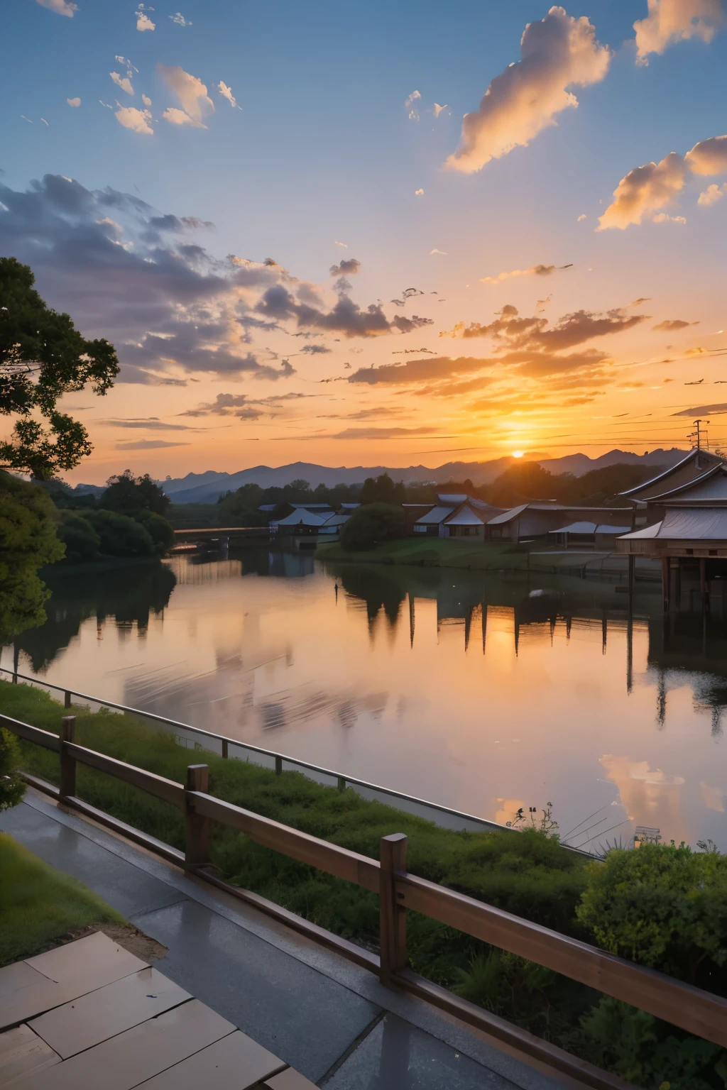 Japanese anime style，Countryside，evening，Sunset，Wooden house，Fence，Small town