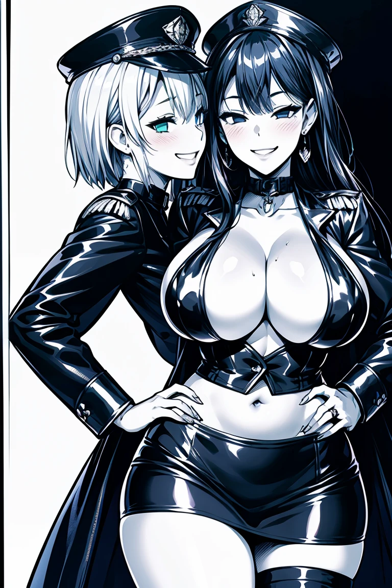 Two Girls, Couple, bangs, salute, Hands on hips, Gold earrings, Large Breasts, jewelry, military cap, (uniform), (epaulet), Jacket, Harness, Thigh straps, Black thigh-high boots, (Pencil Skirt), mini skirt, corruption, (Dark skinned women, Dark Skin:1.3), Hollow Eyes, Half-closed eyes, Wicked Smile, No students, Grin, ((Mature Woman)), Mature Woman, Married women, (Dark Theme:1.2), Dark person, Huge Saggy Tits, Skin Dentition, Chubby, Sensual, Thick thighs, Wide Hips, from the front, (chromatic aberration, Intricate details), Dynamic Angle、Grin、With a creepy smile, A smile with downturned corners,Open your chest wide