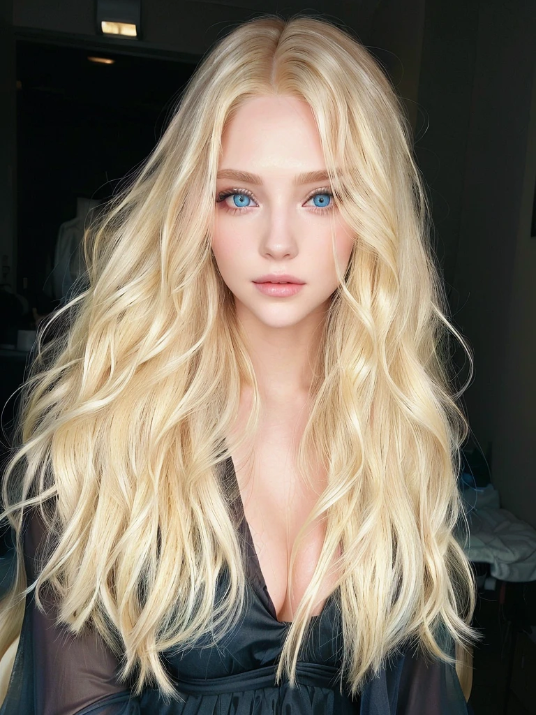 a close-up of a woman with long blonde hair and a black dress, a gorgeous blonde, long wavy blonde hair, blonde goddess, long blonde hair and blue eyes, with very long blonde hair, a girl with blonde hair, long blonde hair and big eyes, blonder woman, beautiful blonde hair, blonde and attractive features, inspired by Károly Lotz