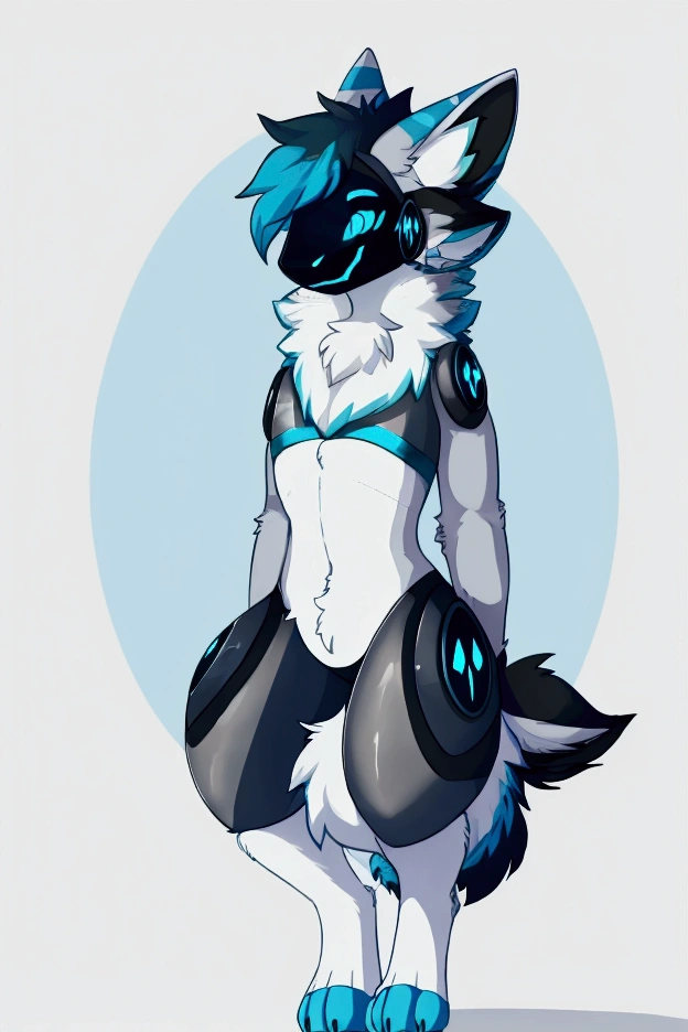 a protogen with blue colors, offwhite, gray and dark blue. styled hair, ssmile, fluffy ears, velues, fully body