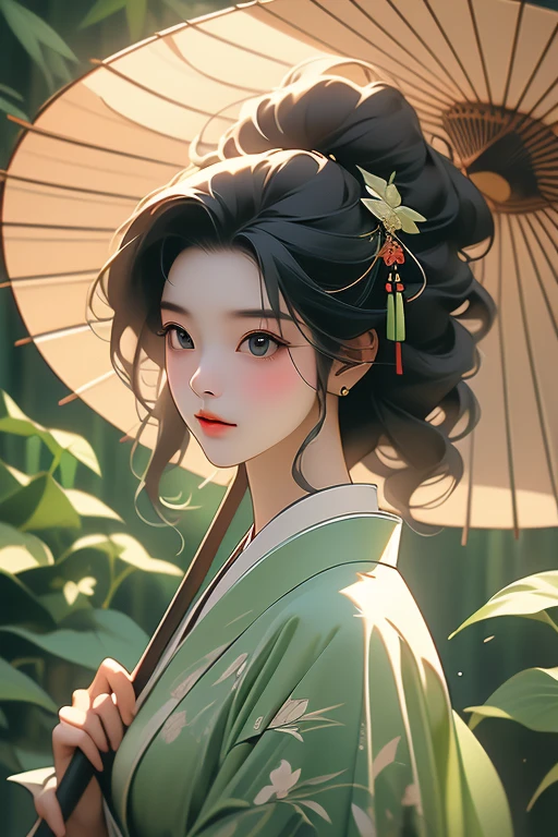 (Highest quality,8k,High resolution,masterpiece:1.2),((masterpiece,Highest quality)), 非常に詳細なHigh resolution, araffe woman In kimono holding a green umbrella and a green plant, A painting inspired by the bamboo leaves of Otake, Shutterstock, Ukiyo-e, In kimono, Japanese women, wear Kimono, ((Background without umbrella)),(Highly detailed skin and facial textures:1.3), (Ultra detailed face),(Detailed arms),(Beautiful attention to detail),(Beautiful lip detail),Traditional Japanese, Young Japanese girl, wear Kimono, elegant Japanese women, Photographic portrait of a geisha, 皇室のwear Kimono, Japanese Kimono