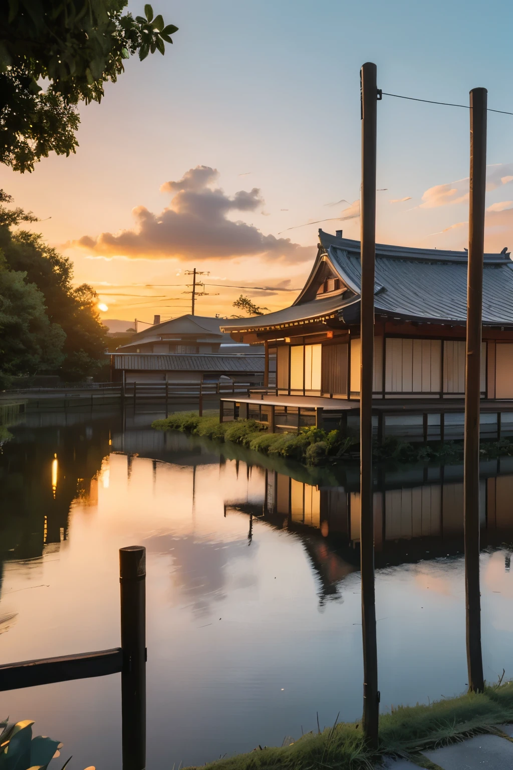 Japanese anime style，Countryside，evening，Sunset，Wooden house，Fence，Small town