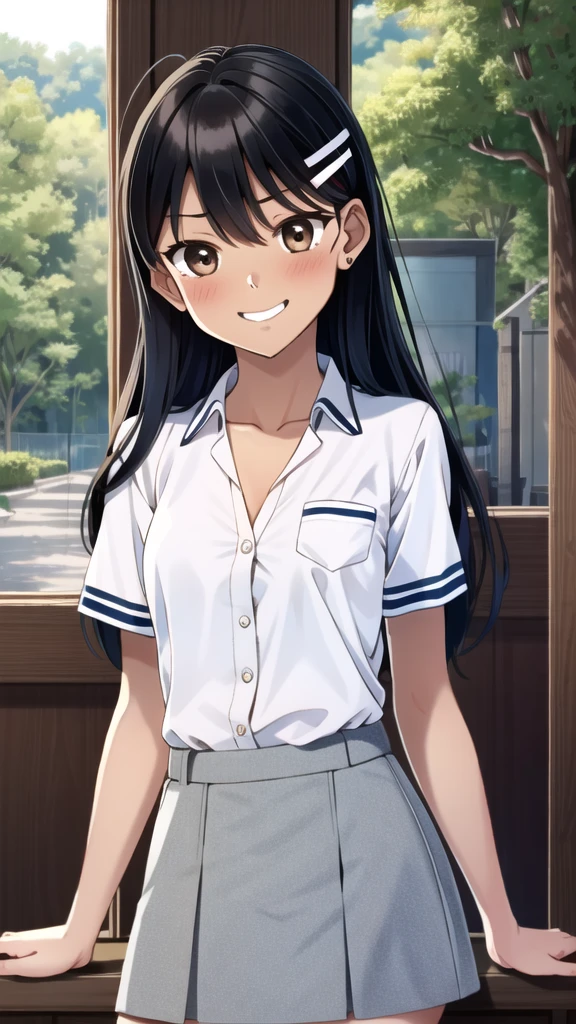((best quality)), ((masterpiece)), (details), one girl, sexy ((best quality)), ((masterpiece)), (details), one girl, sexy ((best quality)), ((masterpiece)), (details), one girl, full body, sexy expensive body, expensive, long legs, mature woman, mature, adult, it_nagatoro_main, Hayase Nagatoro, one girl, blushing, alone, uniform polo shirt, short sleeves, black hair,brown eyes, hair accessory, looking at viewer, hair clip, smiling, long hair, dark skinned woman, dark skin, , bangs, daytime, skirt, collared shirt, collarbone, ear clip, mouth closed, tree, asymmetrical bangs, upper body