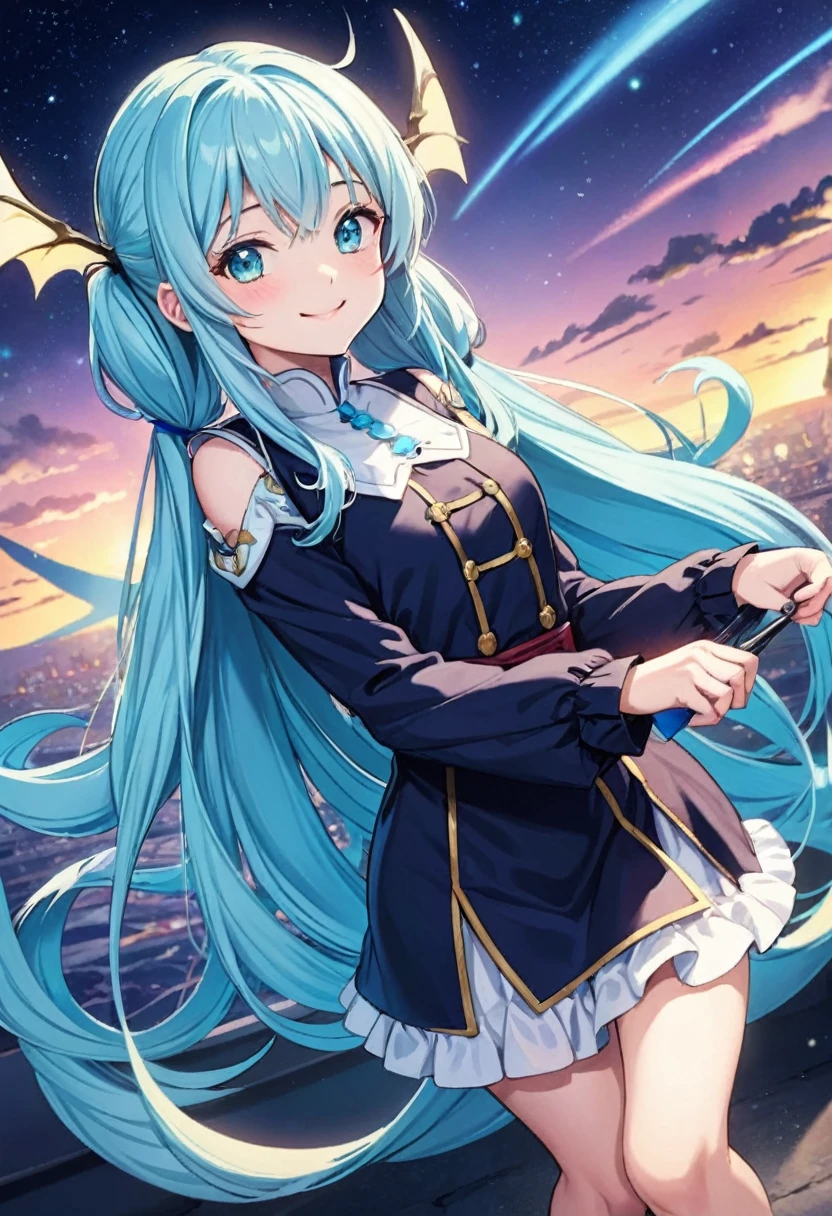 Girl on a Dragon Light blue long hair Twin tails Bright smile