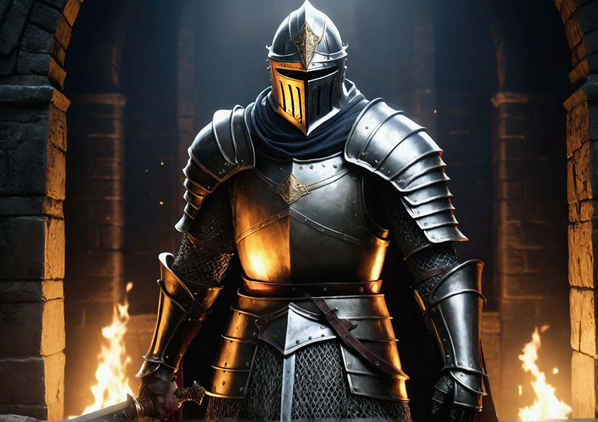(8K unit wallpaper CG is highly detailed, masterpiece, Highest quality, Ultra-detailed), (((only))), ((Wide-angle shot:1.5)), (Paladin with legendary sword), (Theme Background), Medieval, Nice views, dark, Spooky environment, (Dark Souls 3, Illustrator, (Best illustrations)