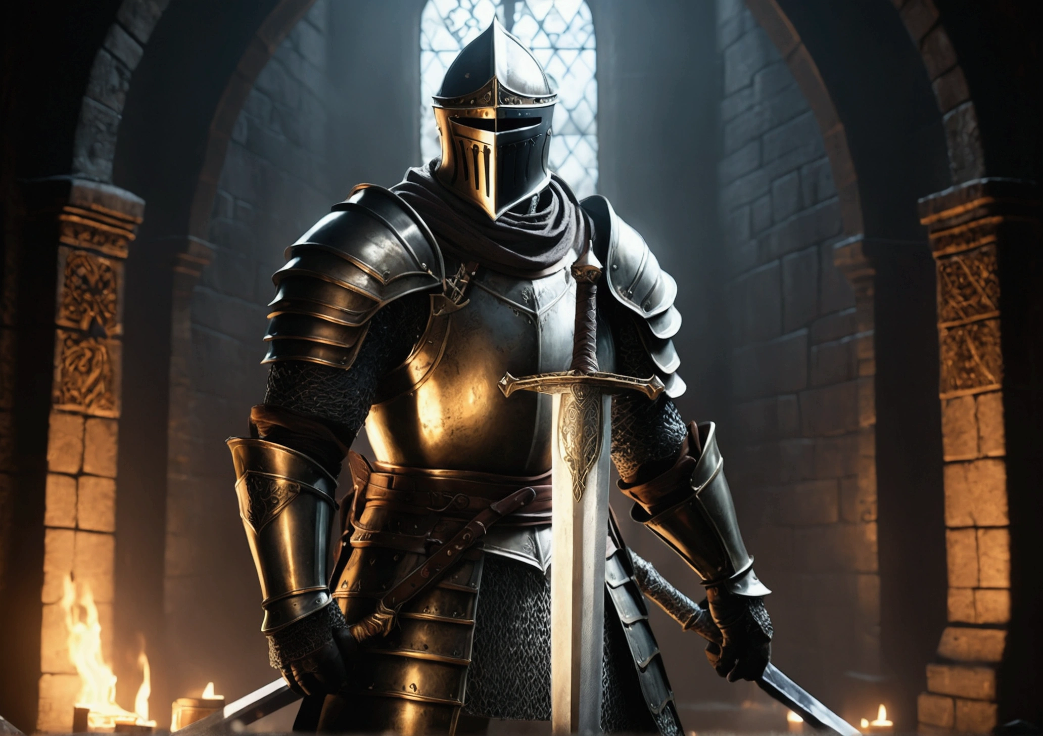 (8K unit wallpaper CG is highly detailed, masterpiece, Highest quality, Ultra-detailed), (((only))), ((Wide-angle shot:1.5)), (Paladin with legendary sword), (Theme Background), Medieval, Nice views, dark, Spooky environment, (Dark Souls 3, Illustrator, (Best illustrations)