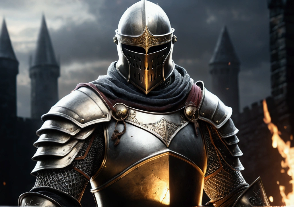 (8K unit wallpaper CG is highly detailed, masterpiece, Highest quality, Ultra-detailed), (((only))), ((Wide-angle shot:1.5)), (Paladin with legendary sword), (Theme Background), Medieval, Nice views, dark, Spooky environment, (Dark Souls 3, Illustrator, (Best illustrations)
