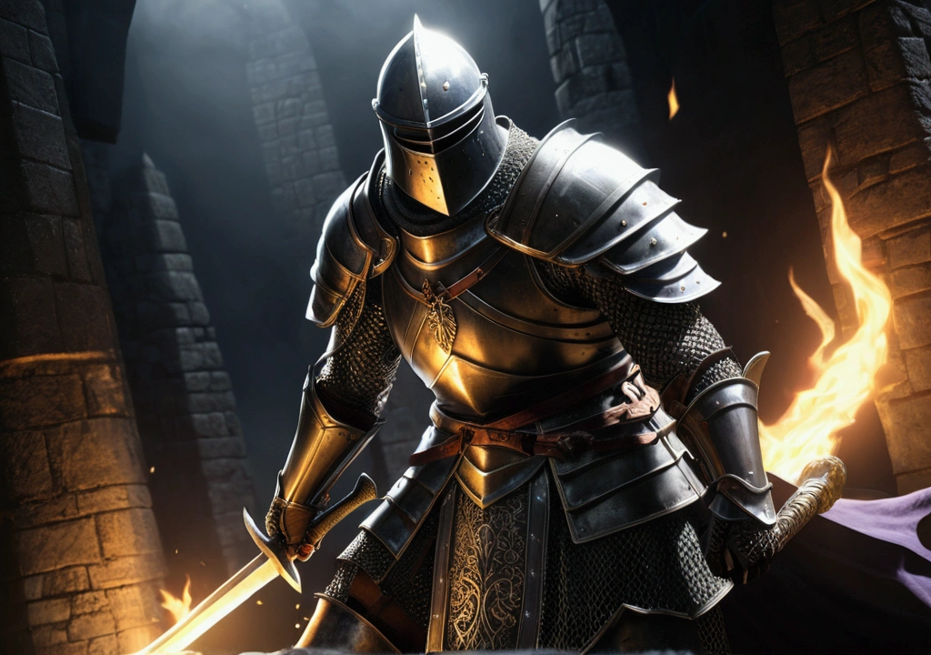 (8K unit wallpaper CG is highly detailed, masterpiece, Highest quality, Ultra-detailed), (((only))), ((Wide-angle shot:1.5)), (Paladin with legendary sword), (Theme Background), Medieval, Nice views, dark, Spooky environment, (Dark Souls 3, Illustrator, (Best illustrations)