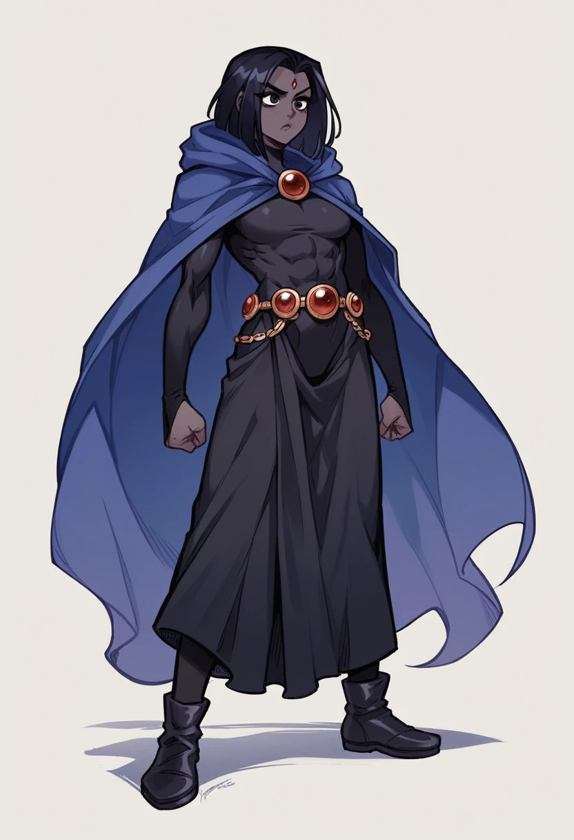 1 adult girl, Raven, black skin black leotard, black cloack, hooded cloak, ancient greek skirt, booties, long hair, wavy black hair, forehead jeauel, purples eyes, medieval belt, firm skin, standing, toned, breastsout, battle pose, (posando)), Lines of movement, portraite, b&au. Contour, whole body