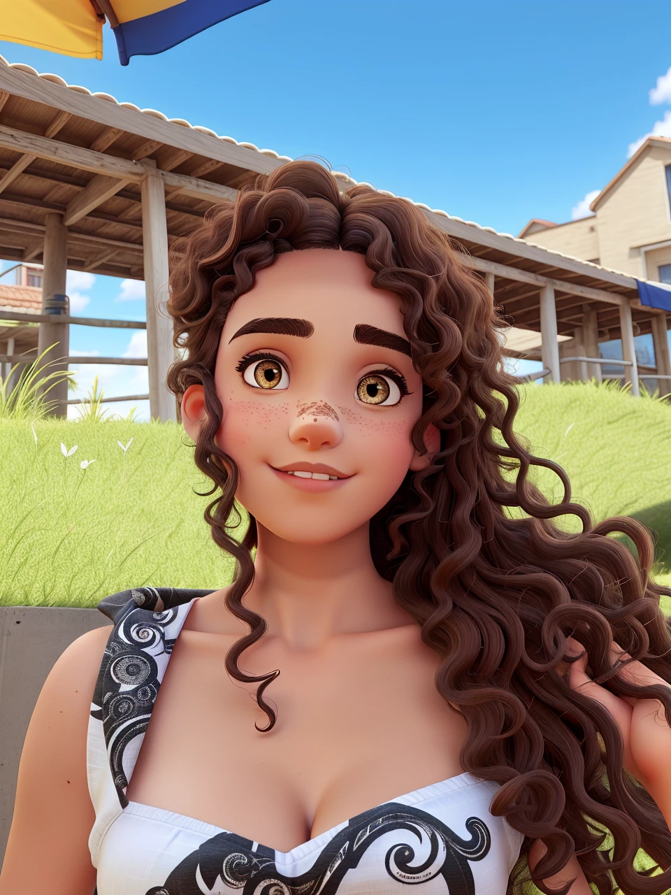 curly hair, eyes browns, pretty eyebrows