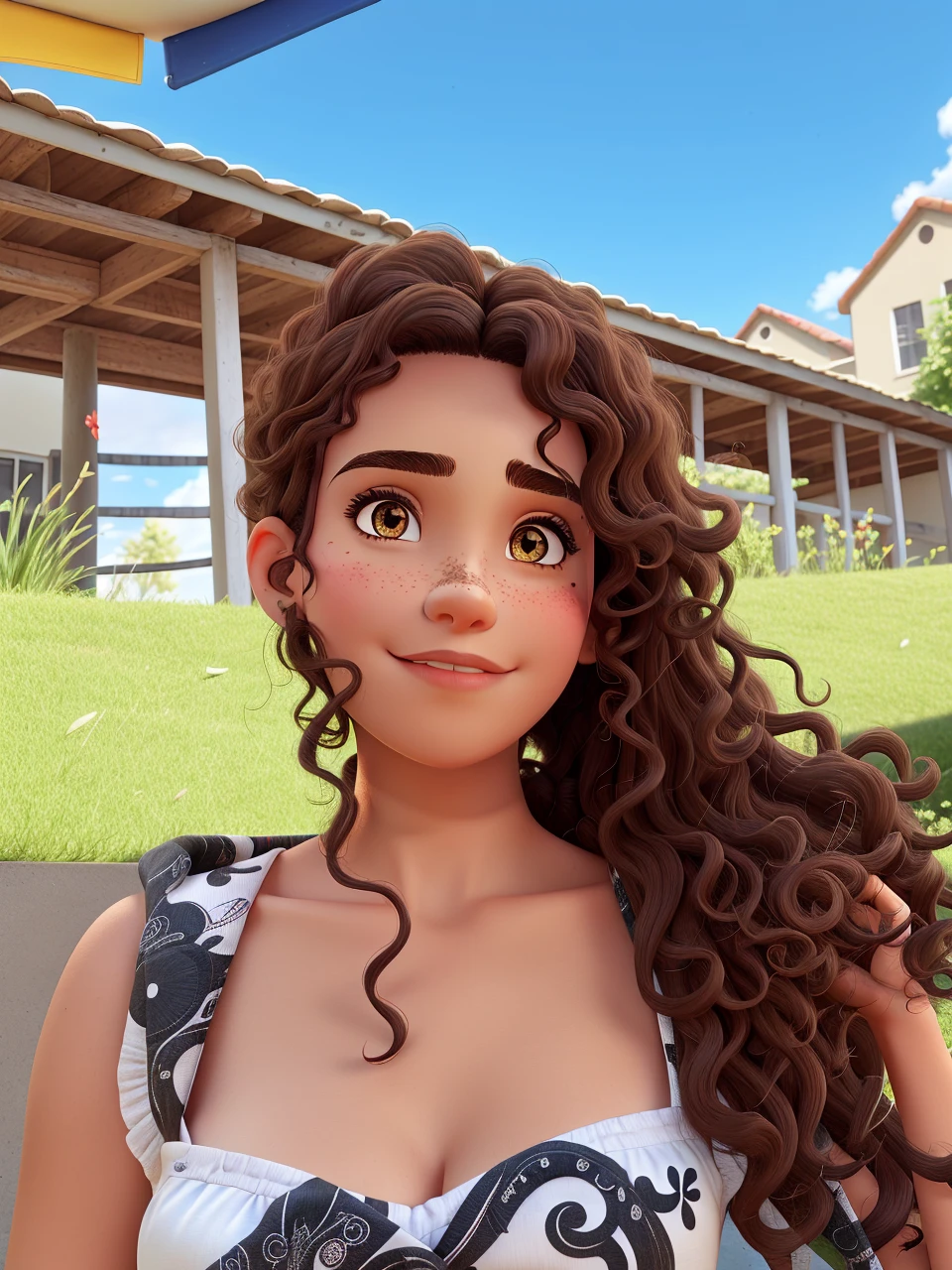 curly hair, eyes browns, pretty eyebrows