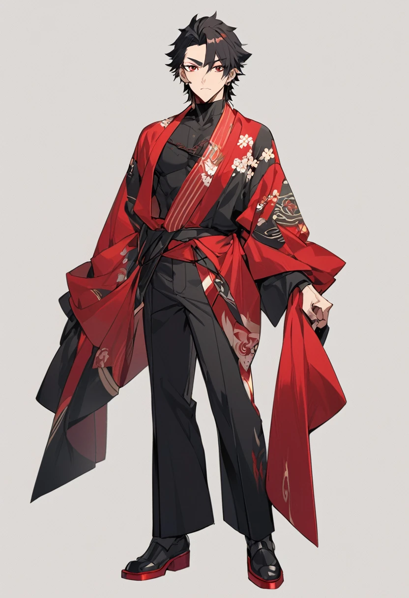 A anime man, black short hair, mullet haircut split in the middle, red eye, black and red kimono, standing, full body, 22age, slightly muscular body