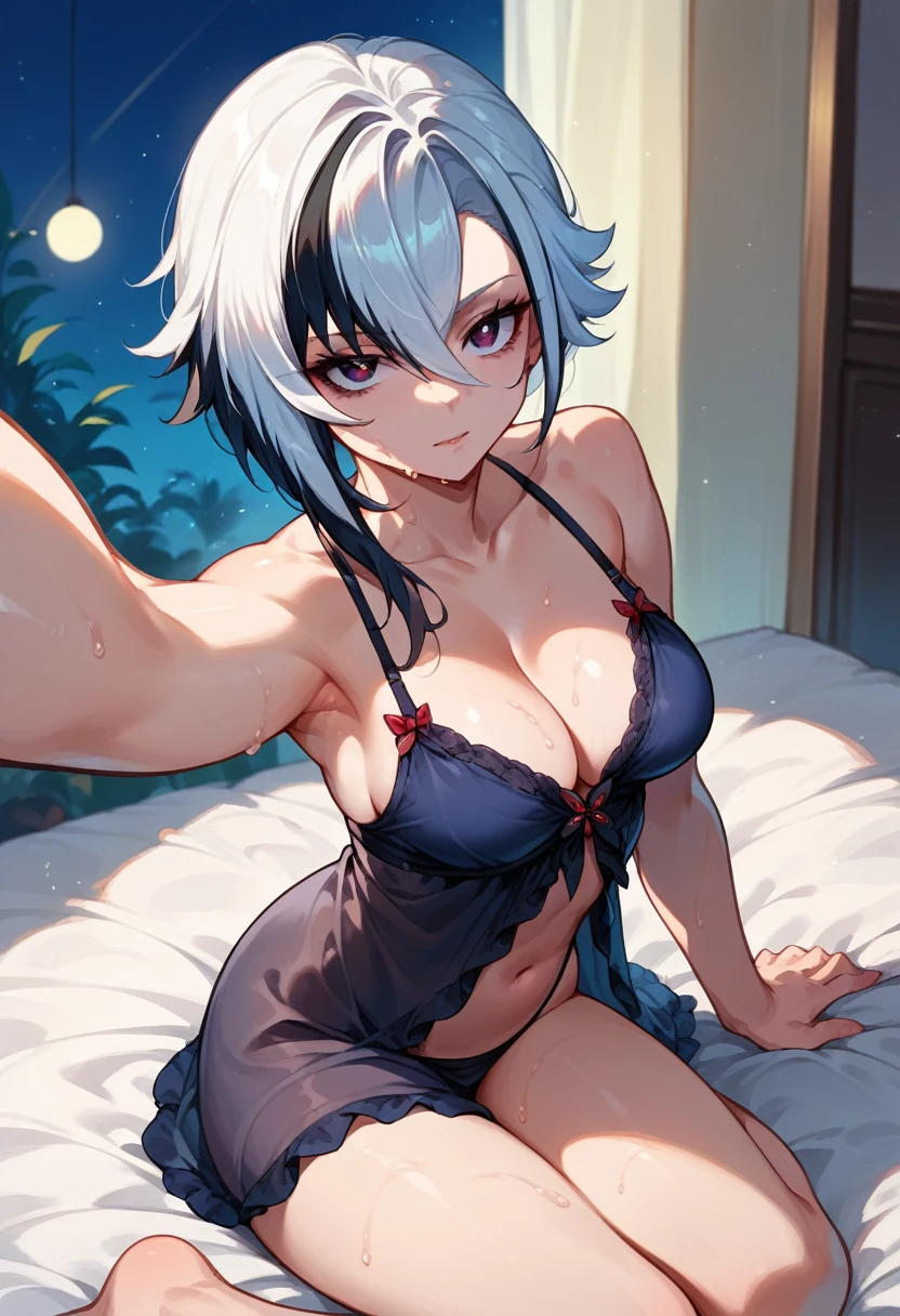 score_9,score_8_up,score_7_up,score_6_up arlecchino gi, 1girl, solo, sitting, breasts, hair between eyes, navel, bangs, night gown, bare thighs, kneeling selfie shot, cleavage, sweaty, hot, medium breasts