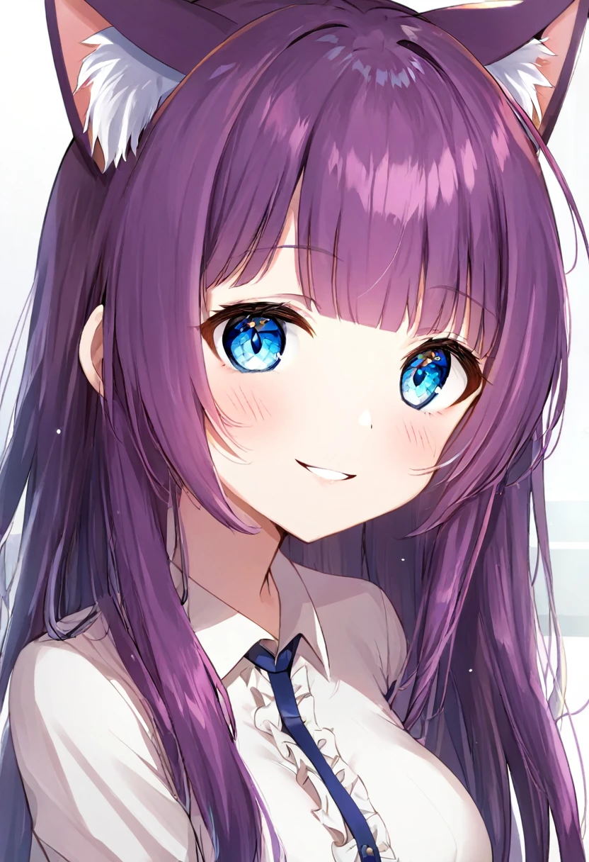 1girl, Blue eyes, Long Hair, Bangs, Purple Hair, Breasts, Smile, Blush, Light Smile, cat ears