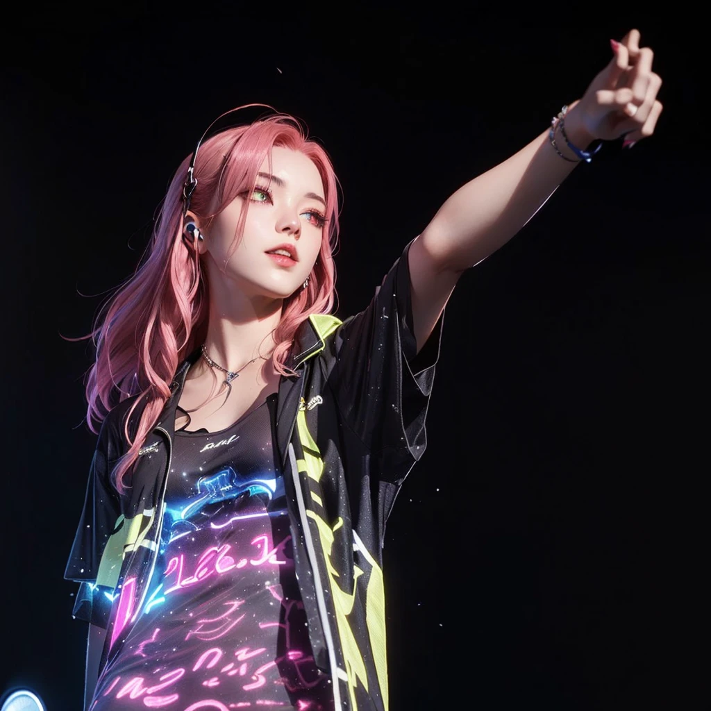arafed woman with pink hair and a black shirt is holding a microphone, concert, splash art, original art, 1 women, 4k, ((low pov, low shot, low angle, dynamic angle)), ((visual effect)), dark environment with neon lighting, neon, big stadium concert venue, singer, rockstar, concert, beautiful lighting effect, sexy, (((seductive))), speed movement, magic, ultra detailed, red medium hair, beutiful pose, cinematic, action, risa oribe.