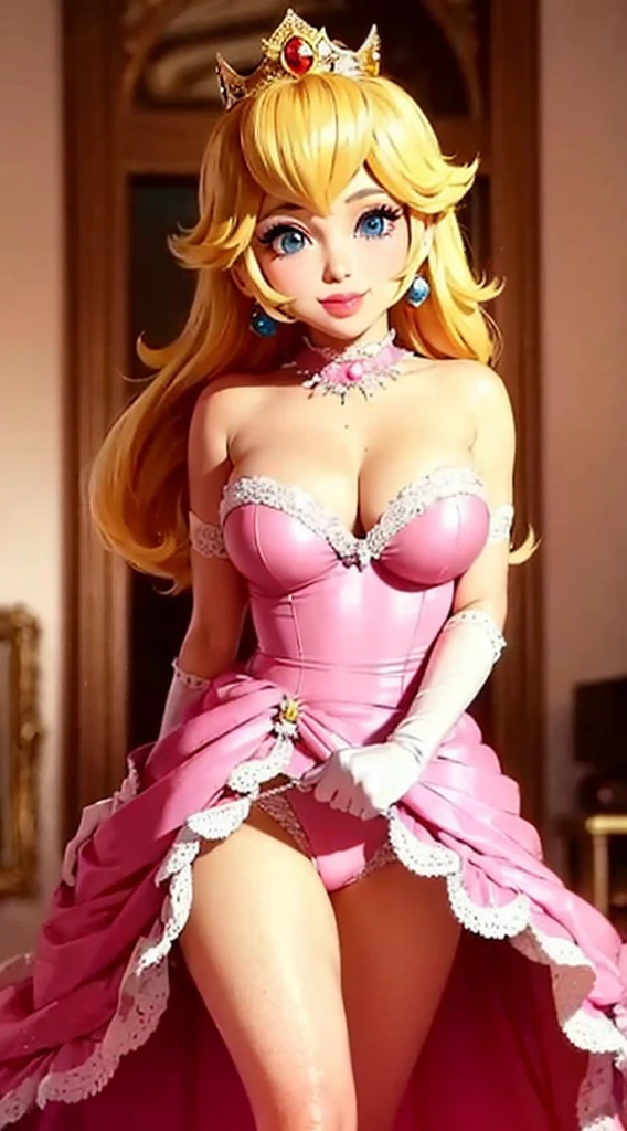 (Inside a castle setting,) A Princess Peach wearing a very mini skirt, pink polka dotted panties, she is gentleand compassionate and is shown smiling gently, she wears a golden crown atop her blond hair and white gloves. She is a tall, extremely beautiful young princess with a fair skin complexion, light blue eyes, dark yellow eyebrows, and a small nose. She has six long eyelashes on each eye as well as dark eyeliner. Her lips are round with pink lipstick. With a focus on her alluring chest, she is depicted in a close-up shot from below. She is smiling in a full body shot