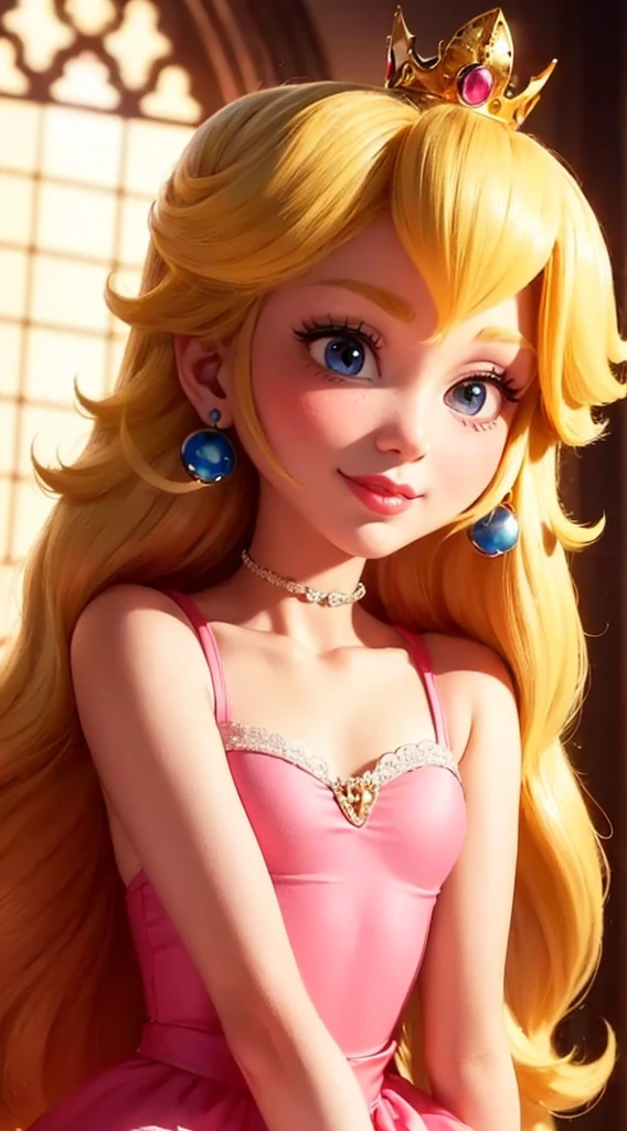 (Inside a castle setting,) A  Princess Peach wearing a beautiful hot pink dress getting lifted up by the wind, pink polka dotted panties, she is gentleand compassionate and is shown smiling gently, she wears a golden crown atop her blond hair and white gloves. She is a tall, extremely beautiful young princess with a fair skin complexion, light blue eyes, dark yellow eyebrows, and a small nose. She has six long eyelashes on each eye as well as dark eyeliner. Her lips are round with pink lipstick. With a focus on her alluring chest, she is depicted in a close-up shot from below. She is smiling in a full body shot